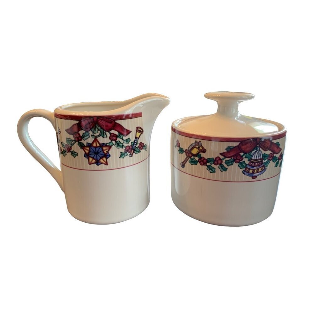 Fitz And Floyd Santas List Holiday Creamer Sugar Bowl Set 1994 Christmas Festive
